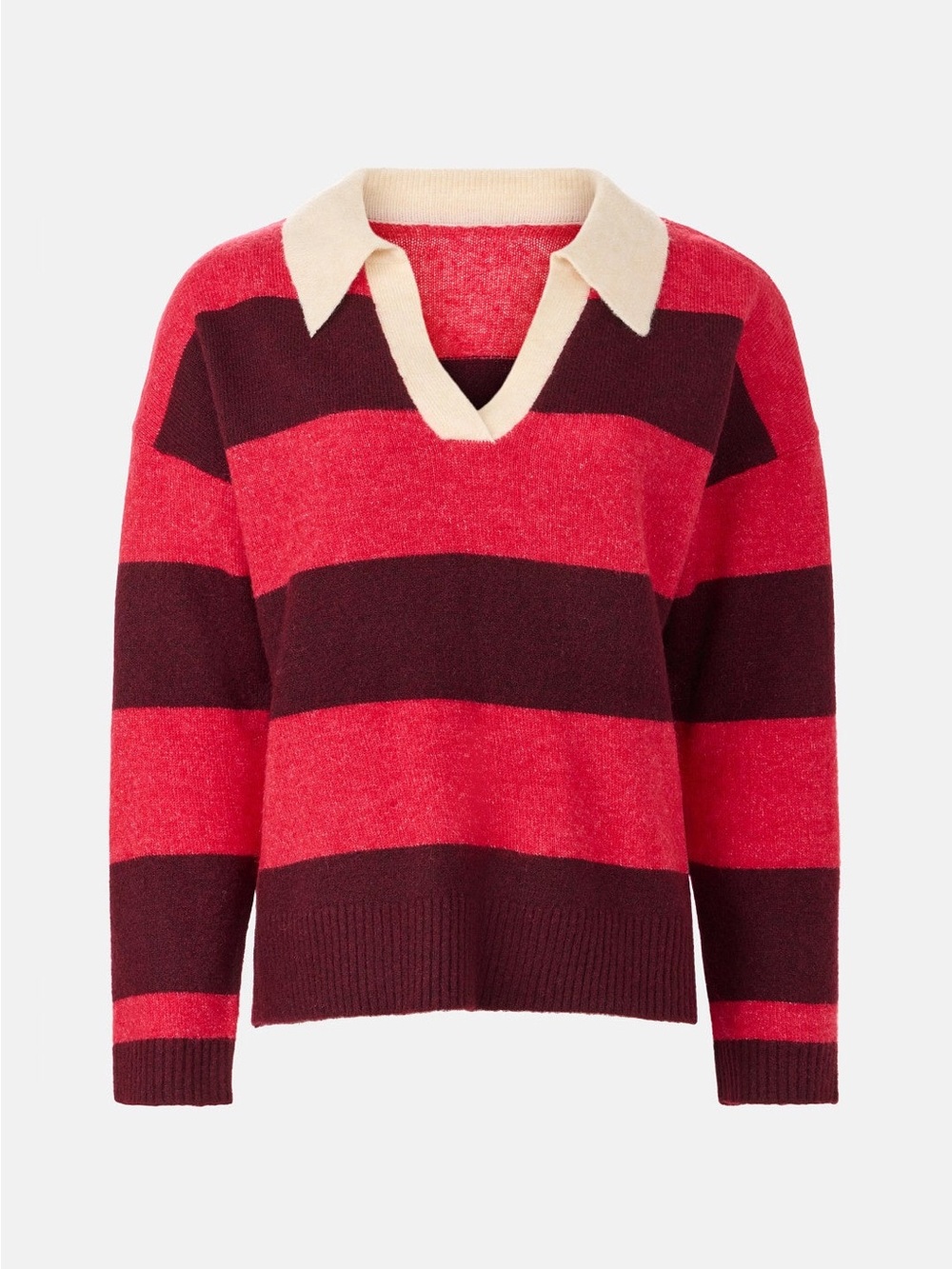 Central Park West Red and Burgundy Striped V-Neck Sweater with Cream Collar
